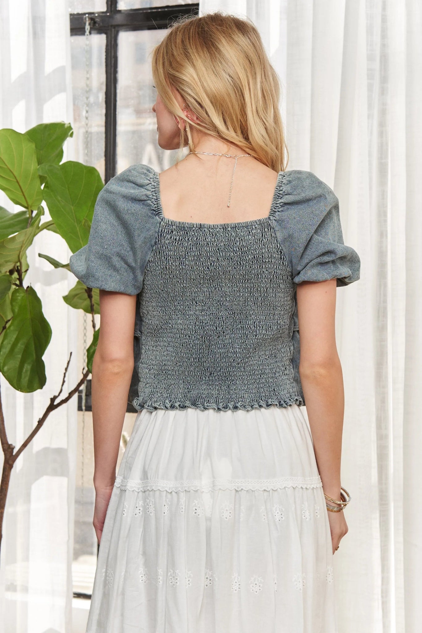 ADORA Washed Denim Layered Ruffle Blouse - Cowgirltops.com