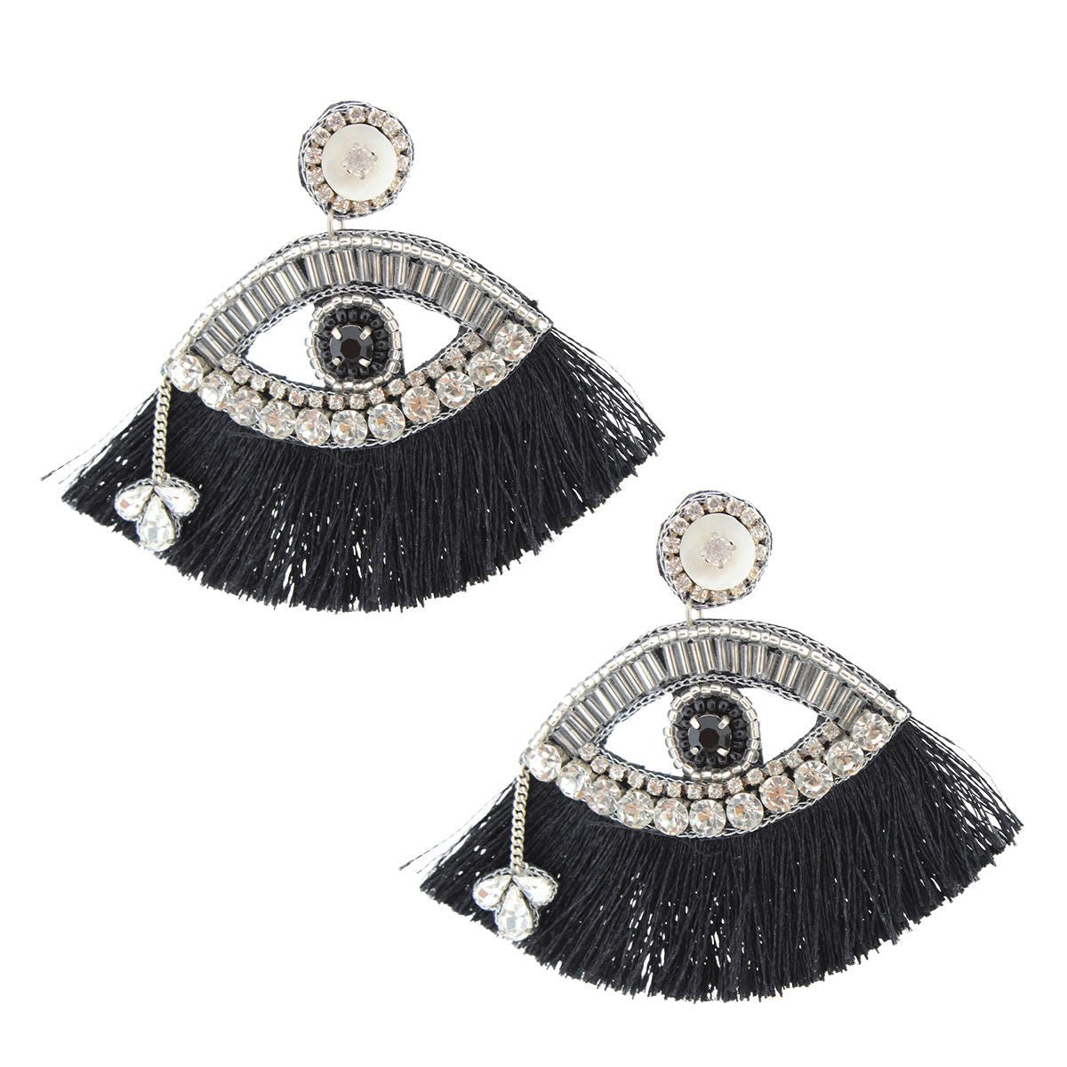 Black Tassel Rhinestone Eye Earrings - Cowgirltops.com