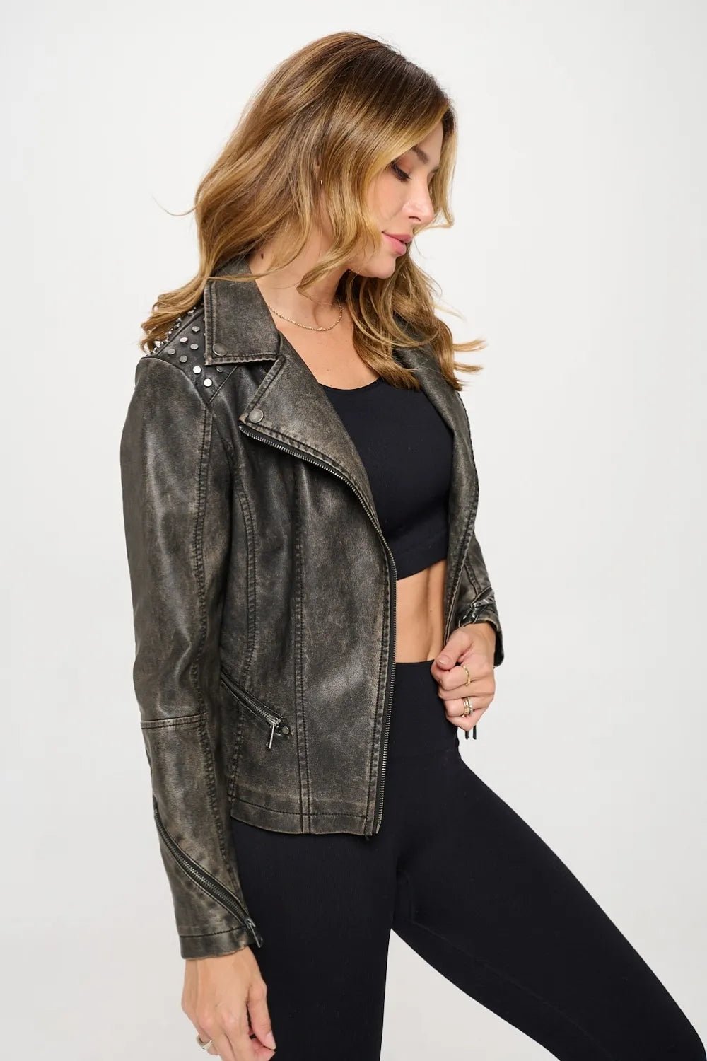 Coalition LA Studded Classic Moto Faux Leather Jacket - Cowgirltops.com