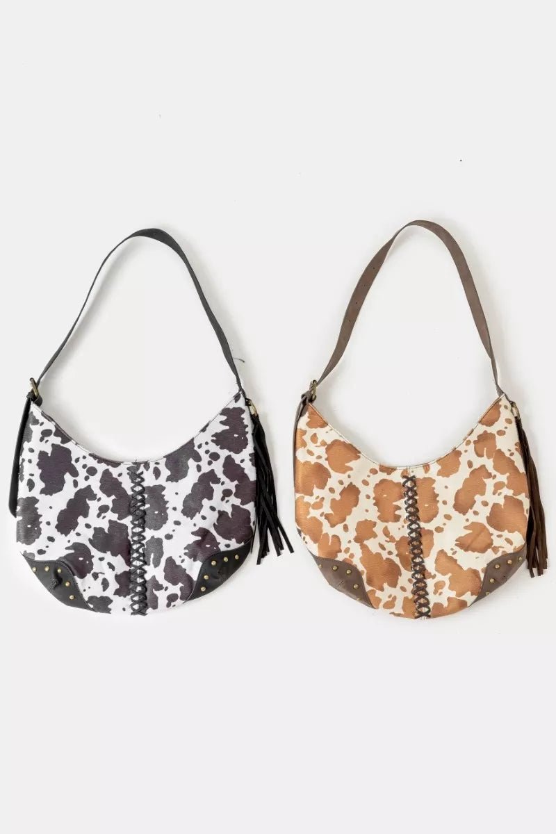 Fame Cow Print Hobo Shoulder Bag with Studded Details - Cowgirltops.com
