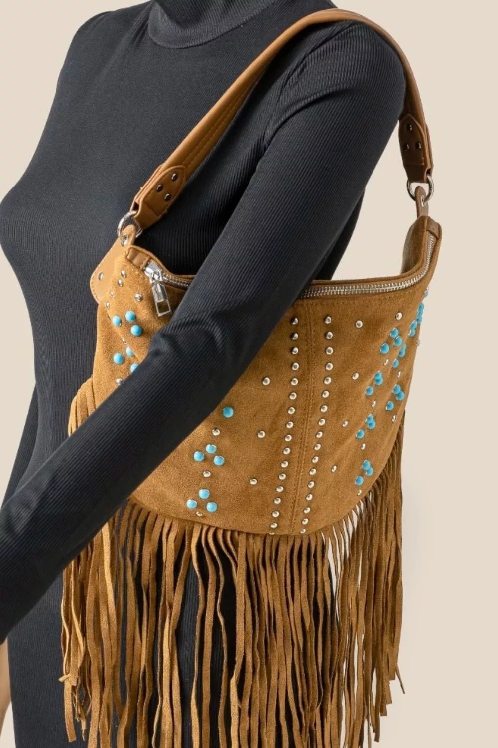Fame Studded Pattern Multi Fringe Hobo Shoulder Bag - Cowgirltops.com