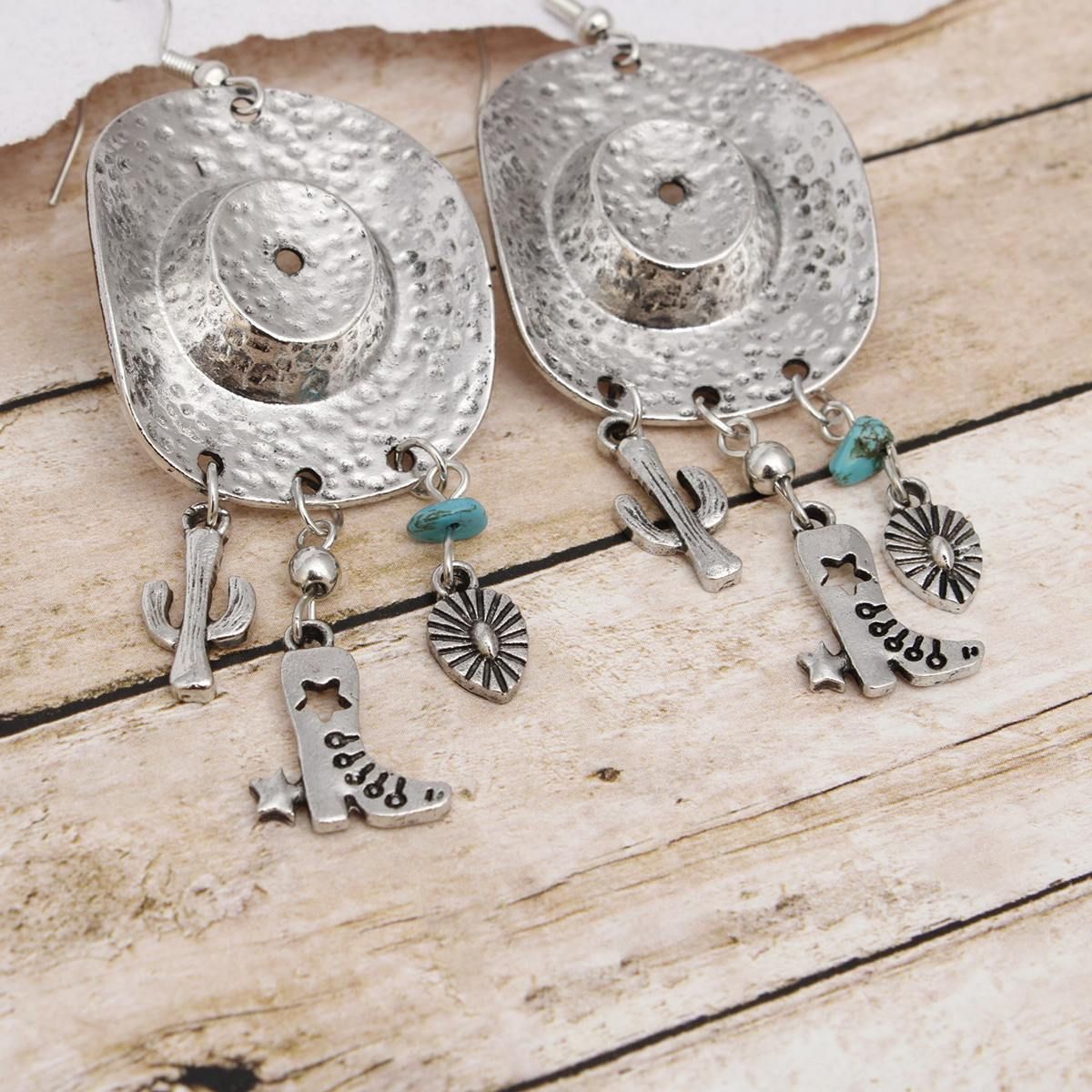 Fish Hook Silver Cowgirl Hat Western Earrings - Cowgirltops.com