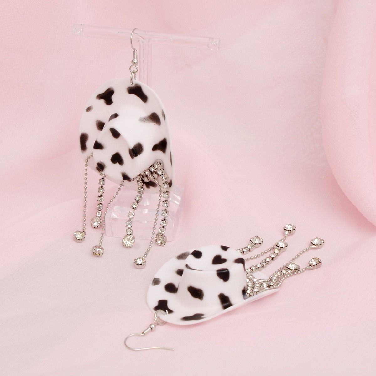 Fish Hook White Black Cowgirl Hat Fringe Earrings - Cowgirltops.com