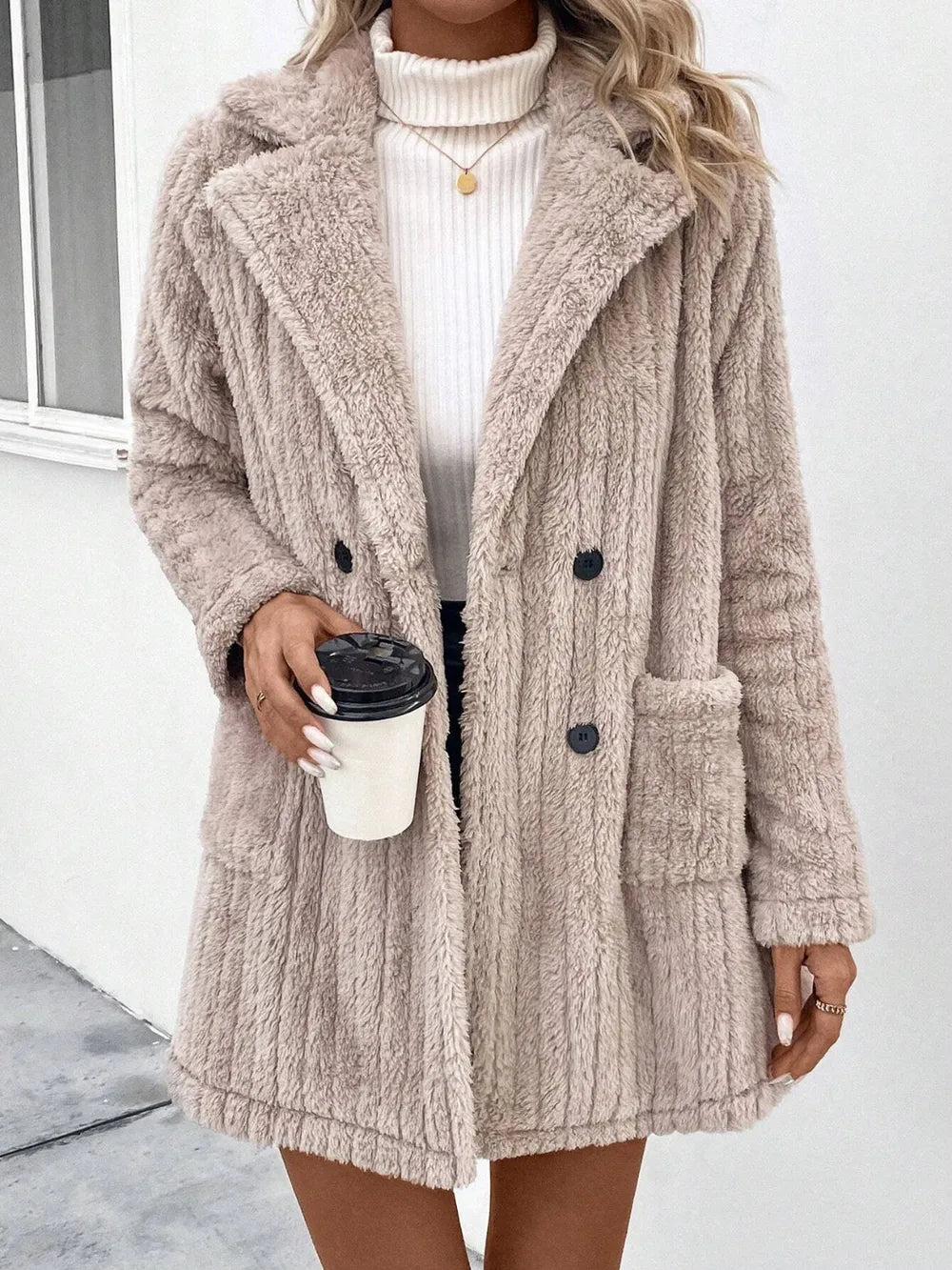 Fuzzy Button Up Long Sleeve Coat with Pockets - Cowgirltops.com