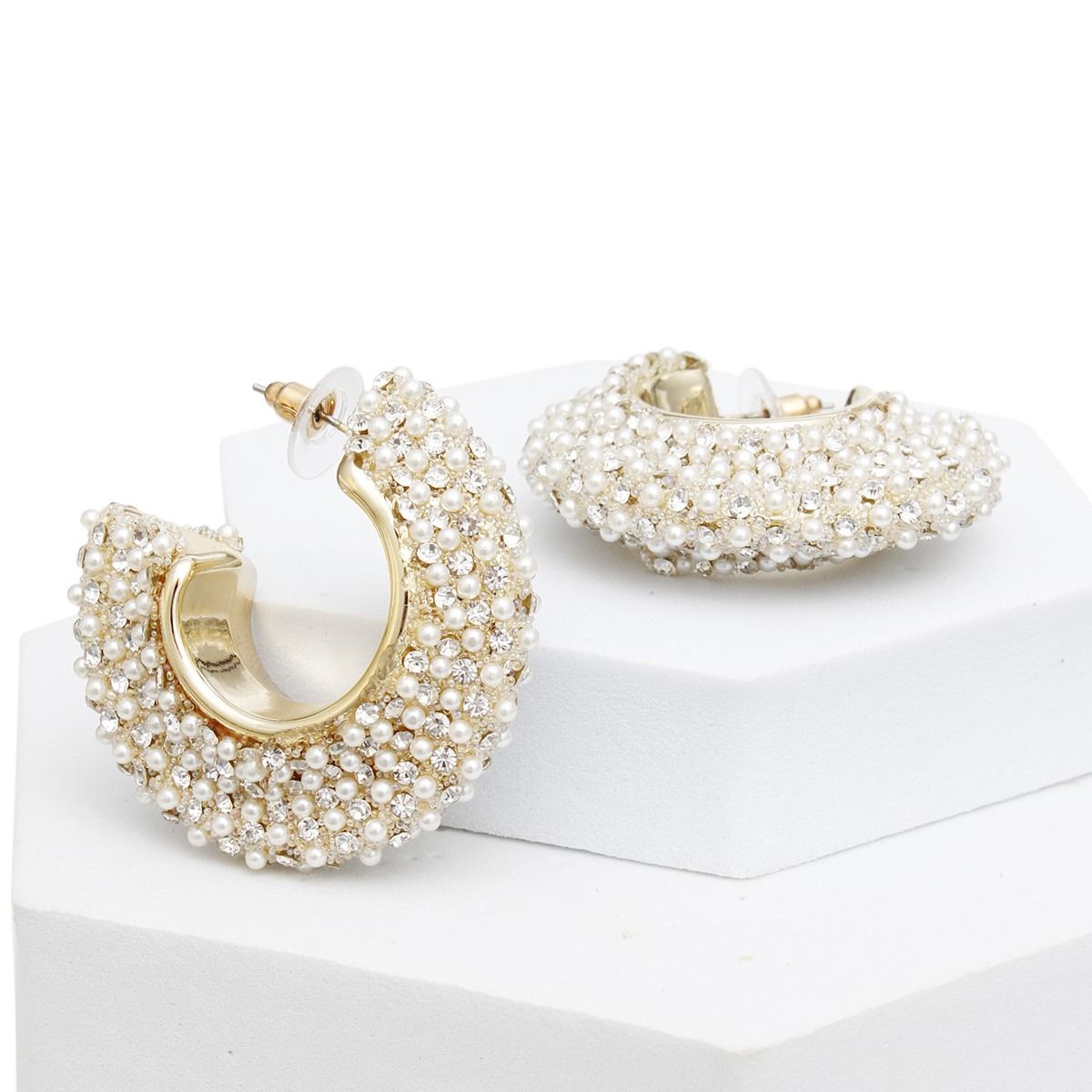 Hoop Pearl Pave Rhinestone Embellished Earrings - Cowgirltops.com