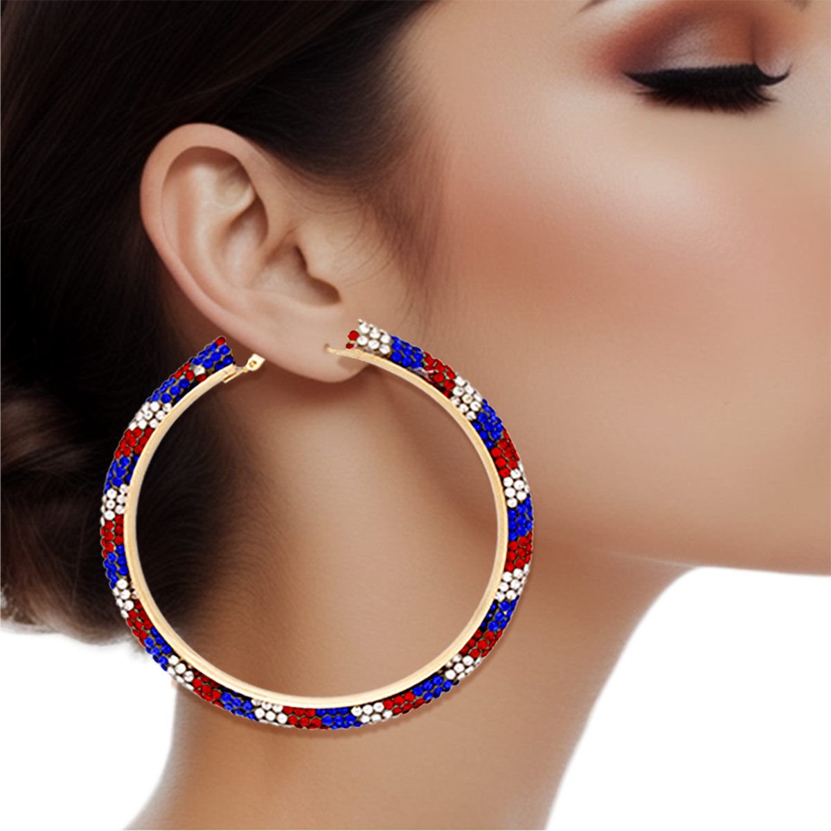 Hoop Red White Blue Tube Rhinestone 3" Earrings - Cowgirltops.com