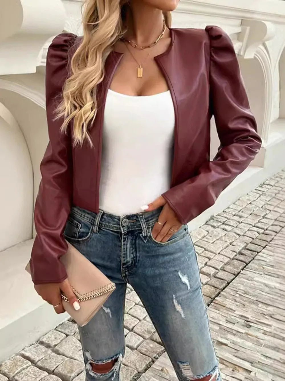 PU Leather Open Front Puff Sleeve Jacket - Cowgirltops.com