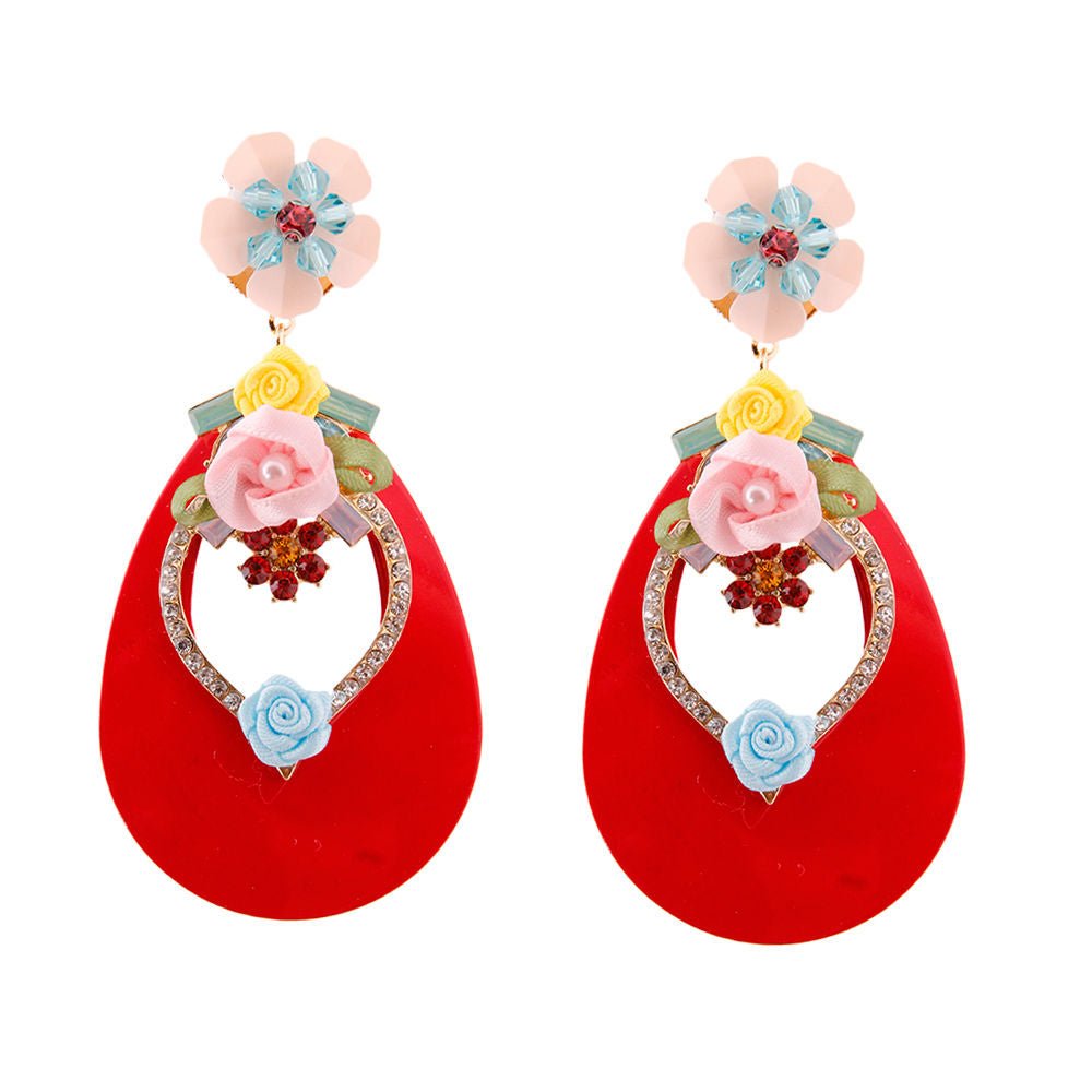 Red Teardrop Earrings - Rhinestone & Flower - Cowgirltops.com