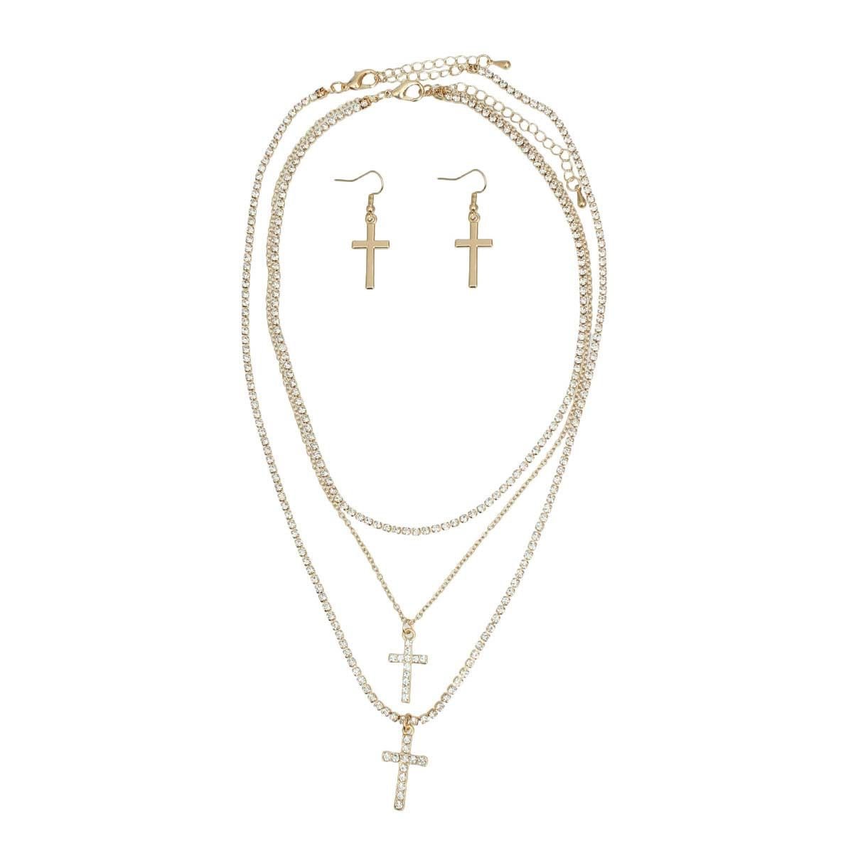 Triple Layer Gold Rhinestone Cross Necklaces - Cowgirltops.com