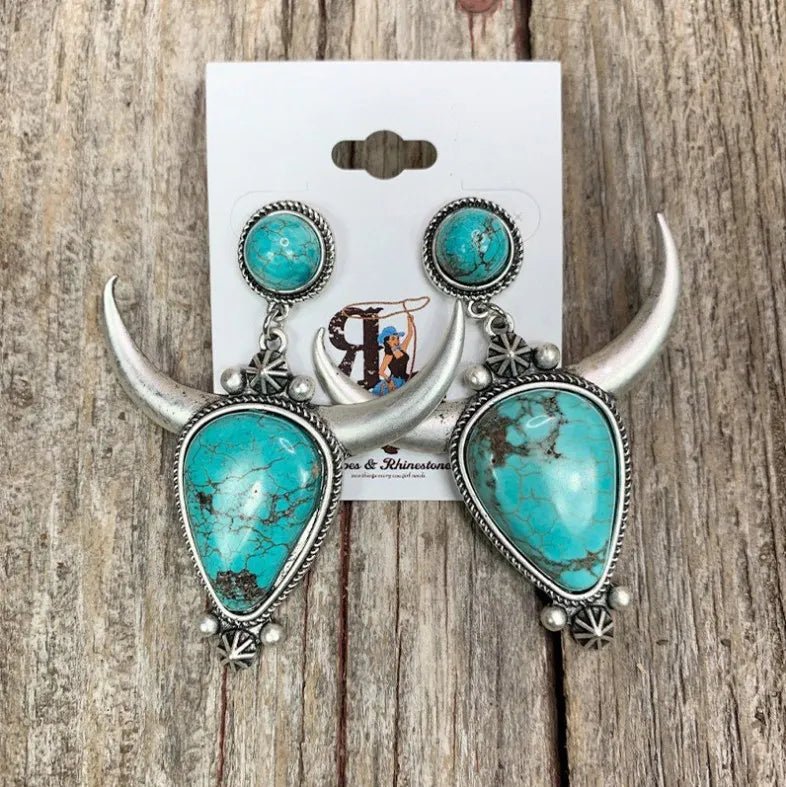 Western Turquoise Bull Horn Drop Earrings - Cowgirltops.com