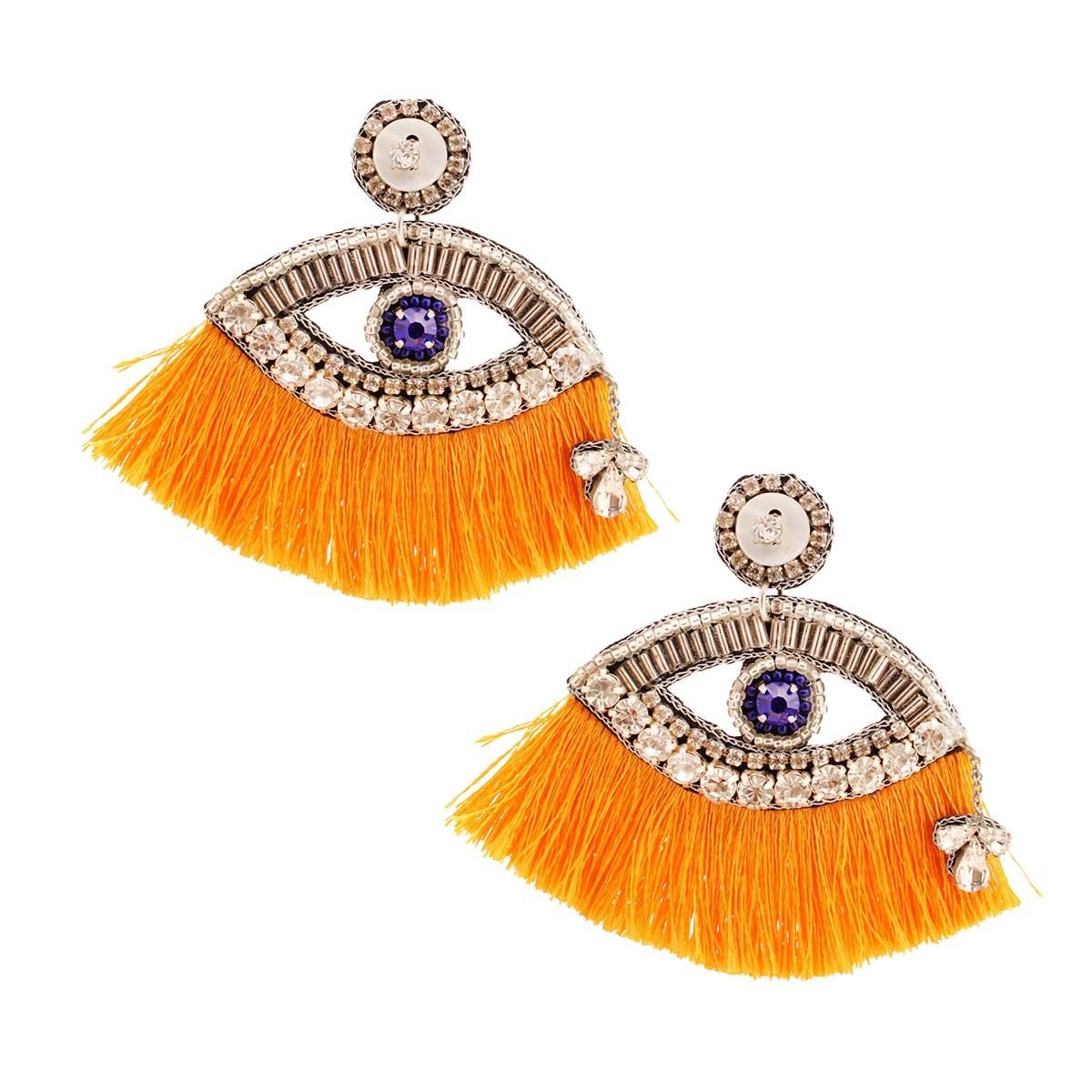 Yellow Tassel Rhinestone Eye Earrings - Cowgirltops.com
