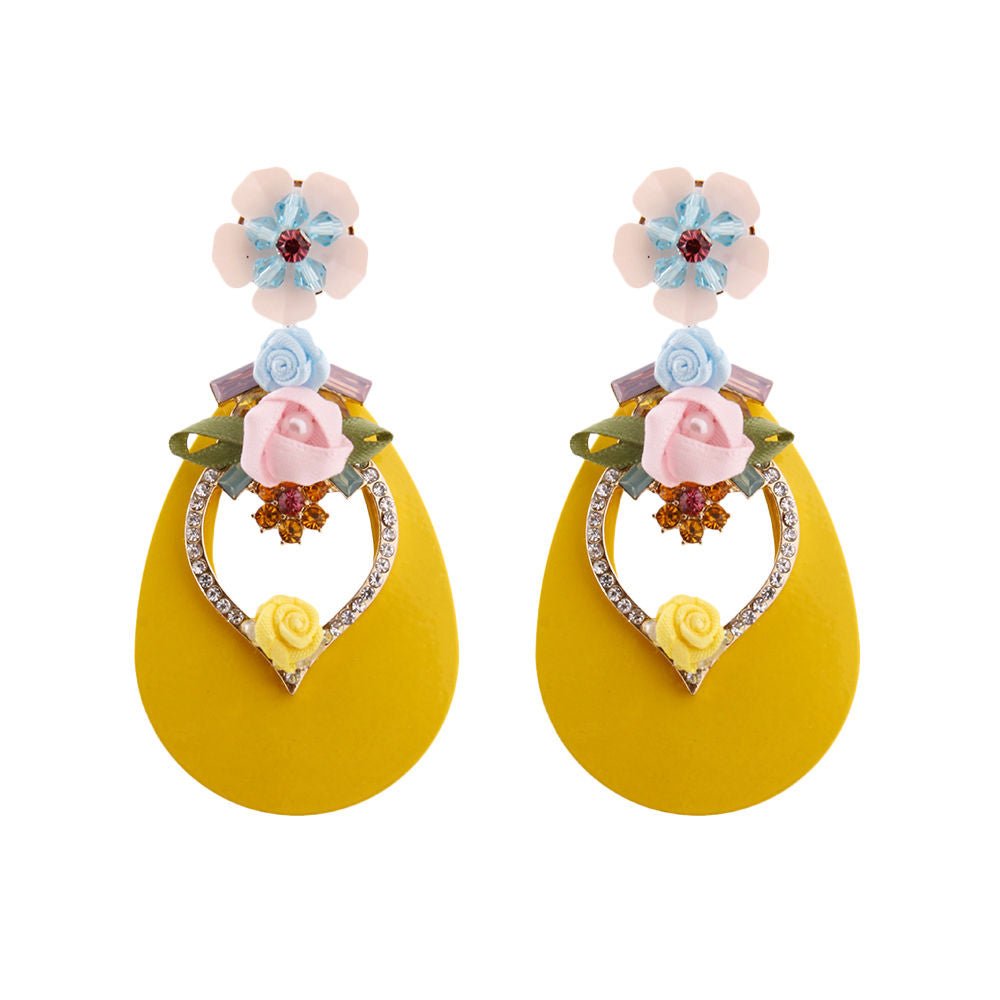Yellow Teardrop Earrings - Rhinestone & Flower - Cowgirltops.com