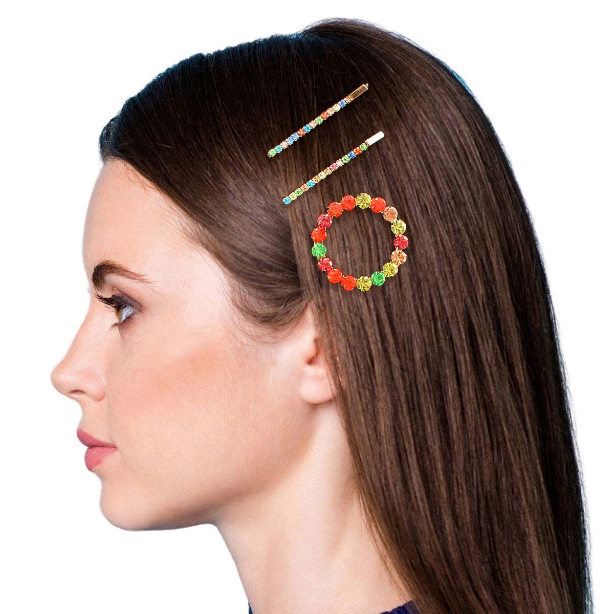 3 Pcs Multi Rhinestone Gold Circle Hair Pin Set - Cowgirltops.com