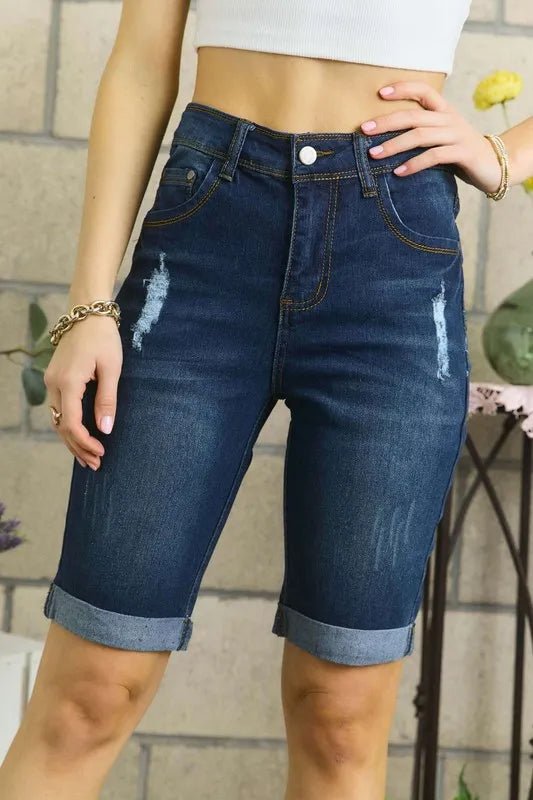 ADORA Distressed Denim Shorts with Pockets - Cowgirltops.com