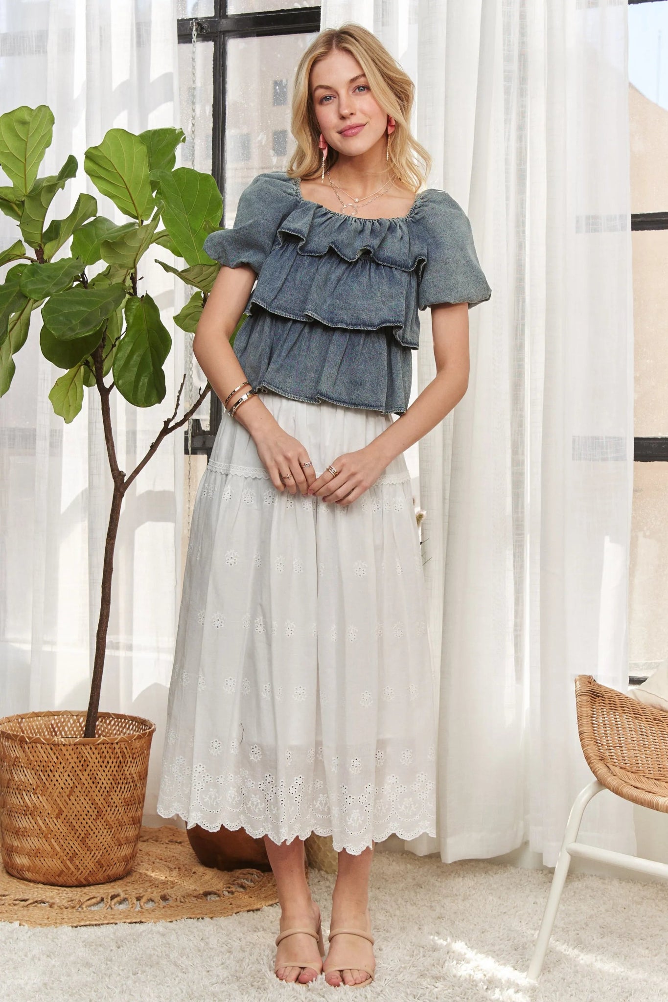 ADORA Washed Denim Layered Ruffle Blouse - Cowgirltops.com