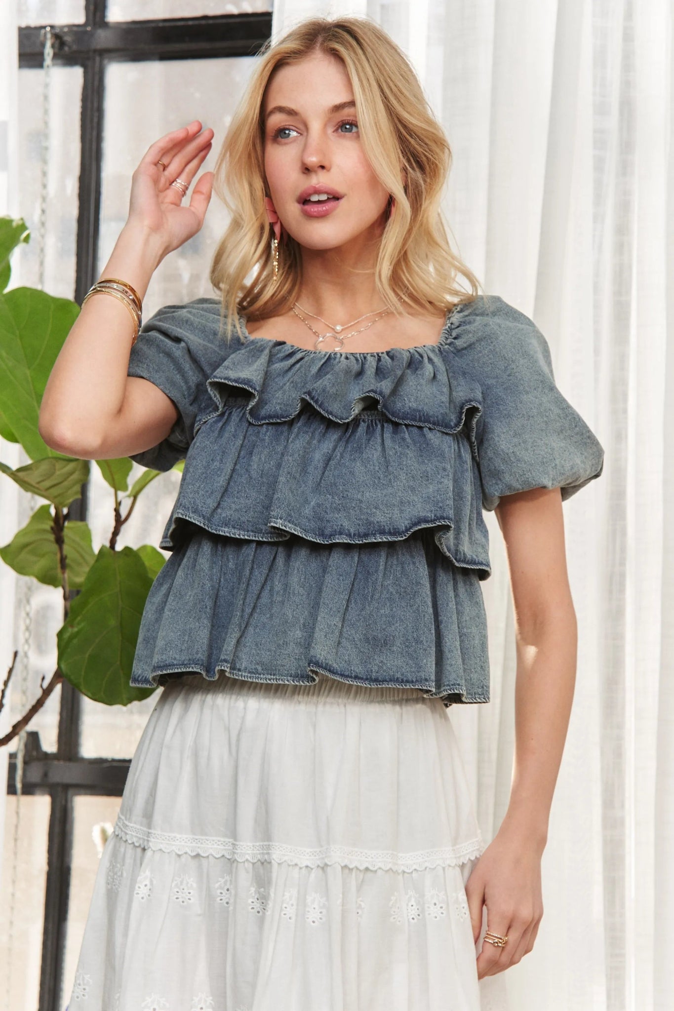 ADORA Washed Denim Layered Ruffle Blouse - Cowgirltops.com
