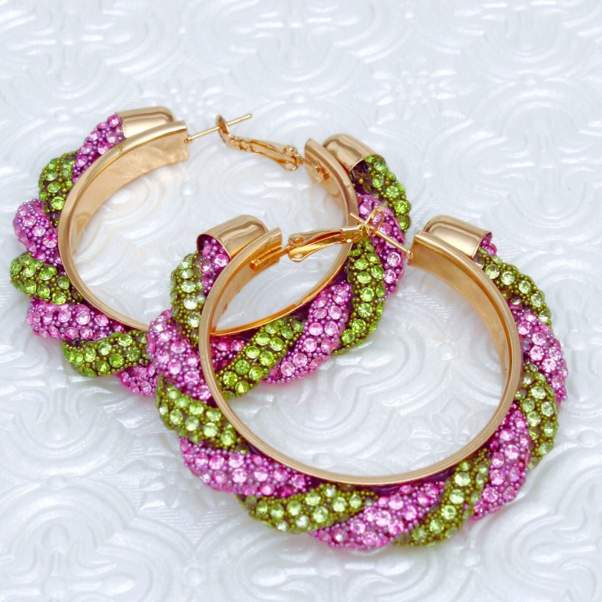 AKA Vibrant Pink Green Twisted Tube Hoop Earrings - Cowgirltops.com