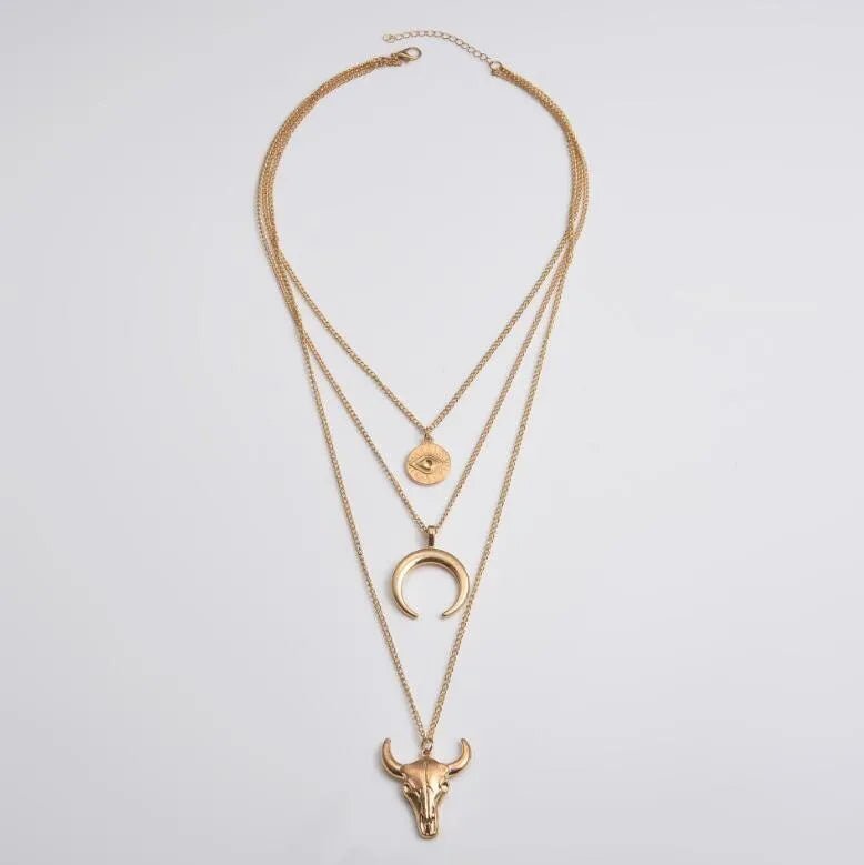 Alloy Three - Layered Bull Head Pendant Necklace - Cowgirltops.com