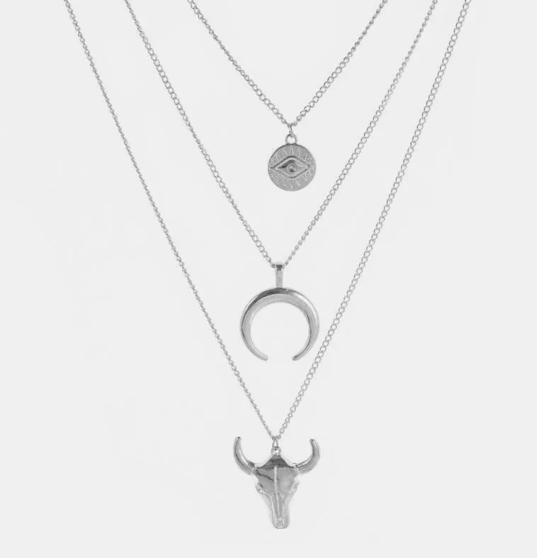Alloy Three - Layered Bull Head Pendant Necklace - Cowgirltops.com