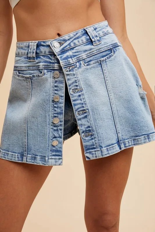 Annie Wear Button Detail Stretch Denim Wrap Mini Skort - Cowgirltops.com