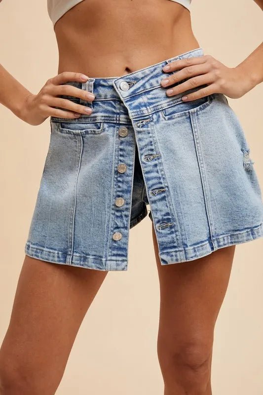 Annie Wear Button Detail Stretch Denim Wrap Mini Skort - Cowgirltops.com