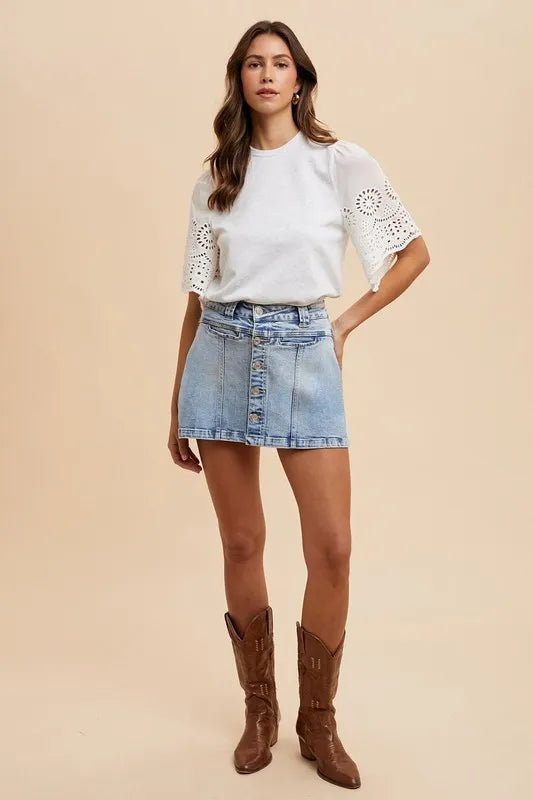 Annie Wear Button Detail Stretch Denim Wrap Mini Skort - Cowgirltops.com