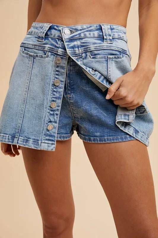 Annie Wear Button Detail Stretch Denim Wrap Mini Skort - Cowgirltops.com