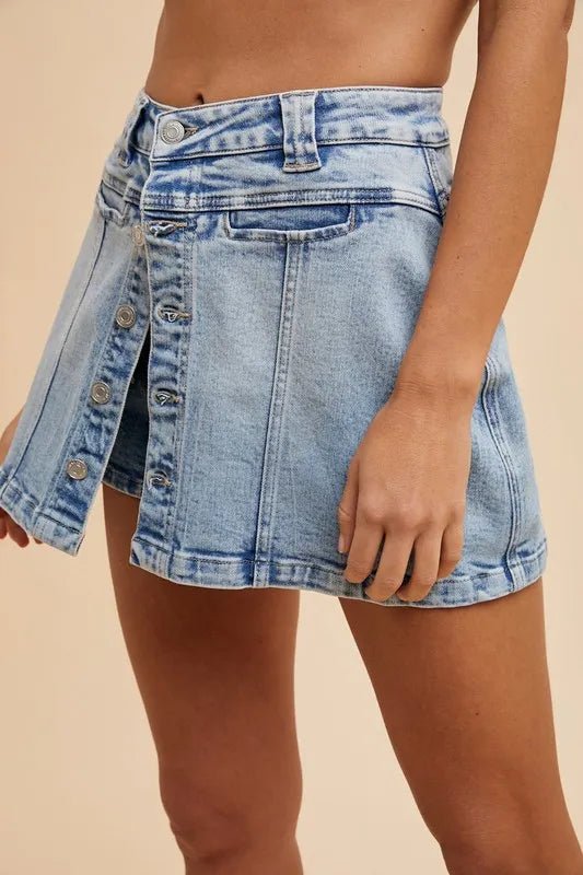 Annie Wear Button Detail Stretch Denim Wrap Mini Skort - Cowgirltops.com