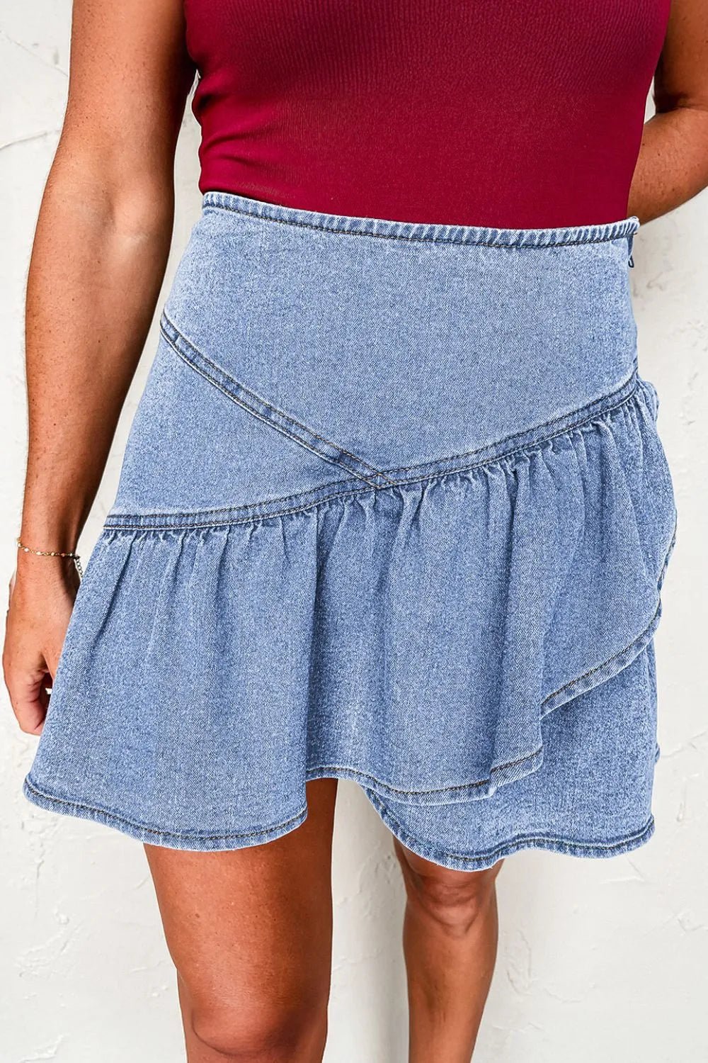 Asymmetric Ruffle Overlay Denim Mini Skirt - Cowgirltops.com