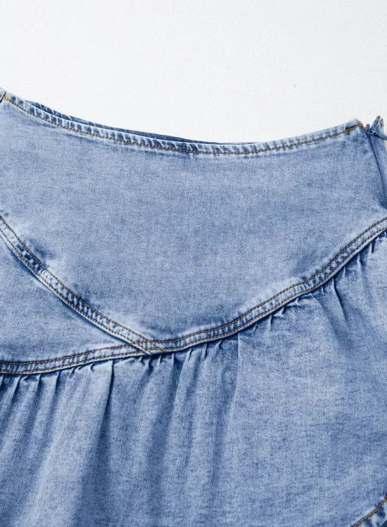 Asymmetric Ruffle Overlay Denim Mini Skirt - Cowgirltops.com
