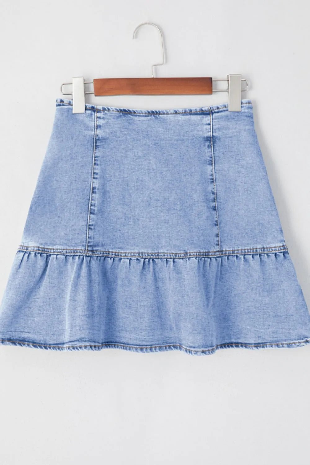 Asymmetric Ruffle Overlay Denim Mini Skirt - Cowgirltops.com