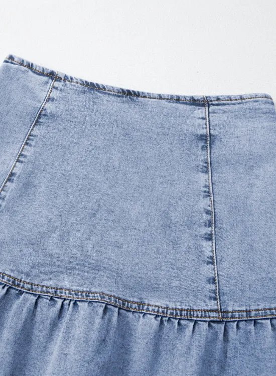 Asymmetric Ruffle Overlay Denim Mini Skirt - Cowgirltops.com