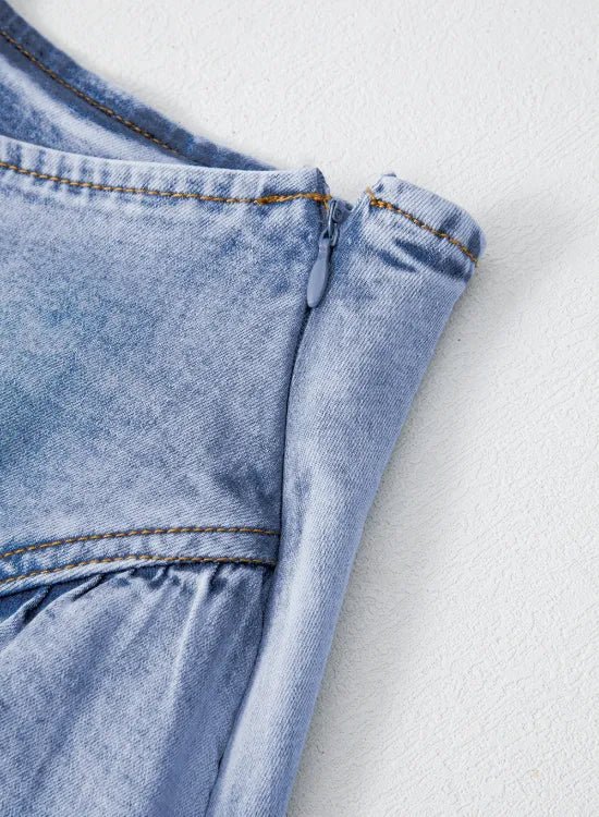 Asymmetric Ruffle Overlay Denim Mini Skirt - Cowgirltops.com