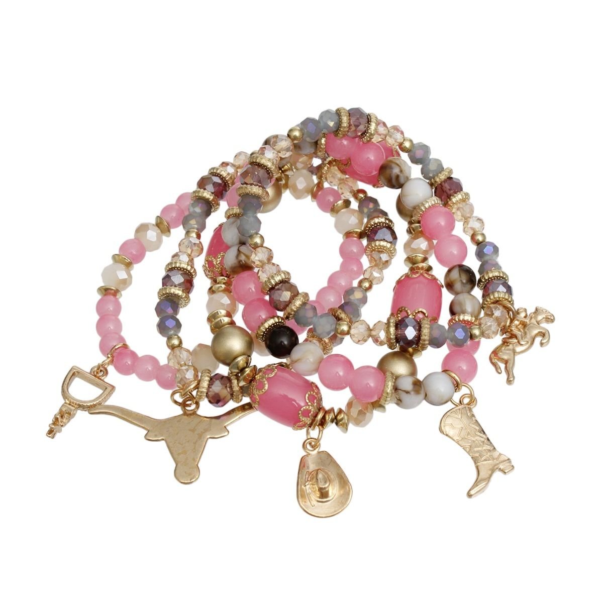 Bead Pink 5 Pcs Western Cowgirl Charm Bracelets - Cowgirltops.com