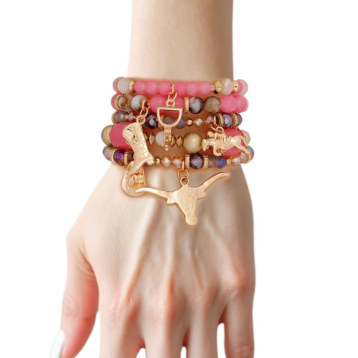 Bead Pink 5 Pcs Western Cowgirl Charm Bracelets - Cowgirltops.com