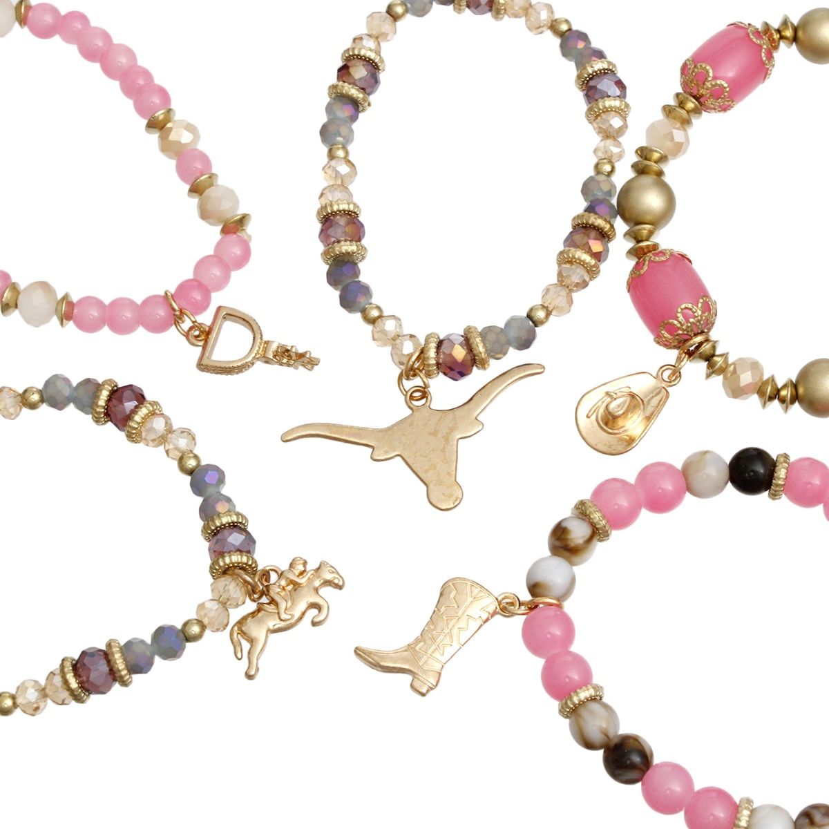 Bead Pink 5 Pcs Western Cowgirl Charm Bracelets - Cowgirltops.com