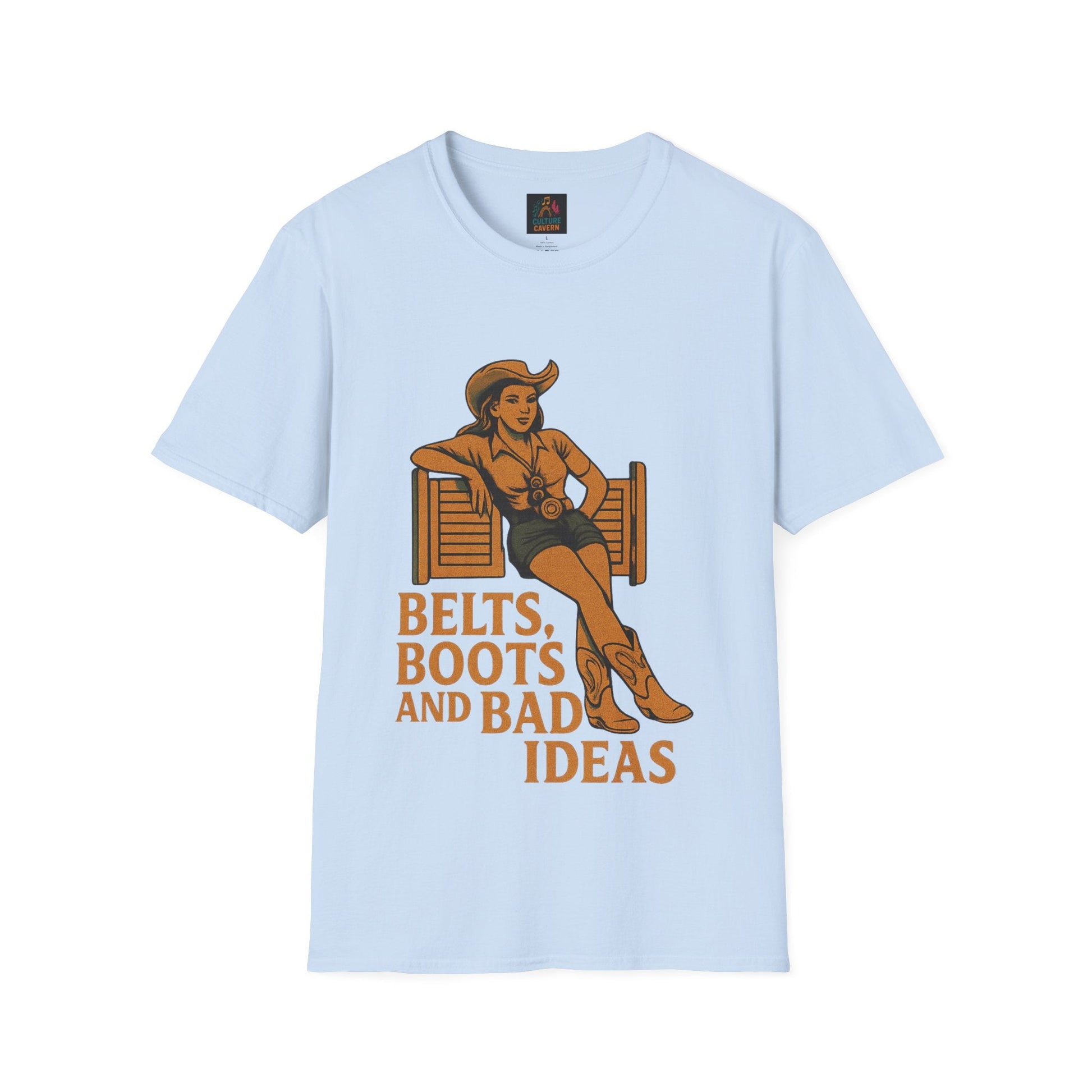 Belts, Boots, and Bad Ideas Unisex Softstyle T-Shirt | Fun Graphic Tee for Western Lovers, Casual Wear, Gifts, Party Outfit, Retro Style - Cowgirltops.com