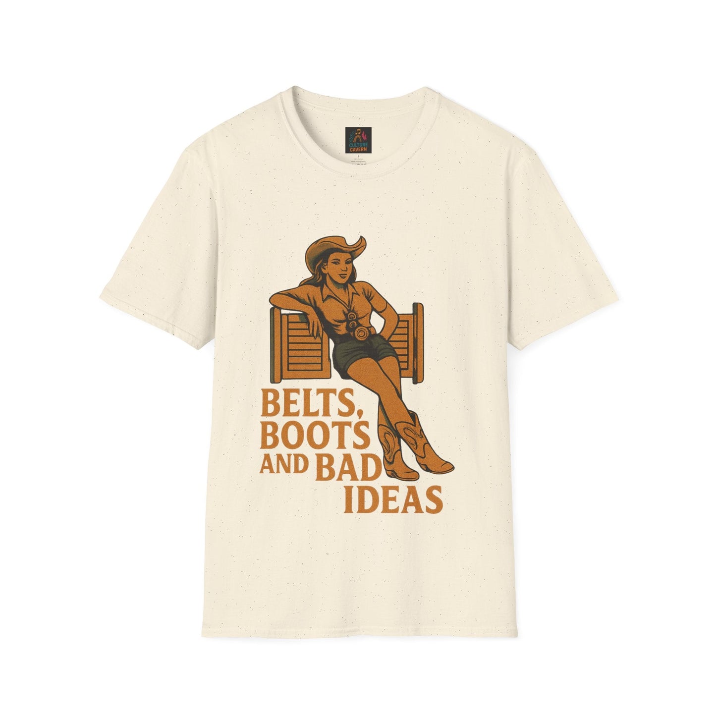 Belts, Boots, and Bad Ideas Unisex Softstyle T-Shirt | Fun Graphic Tee for Western Lovers, Casual Wear, Gifts, Party Outfit, Retro Style - Cowgirltops.com