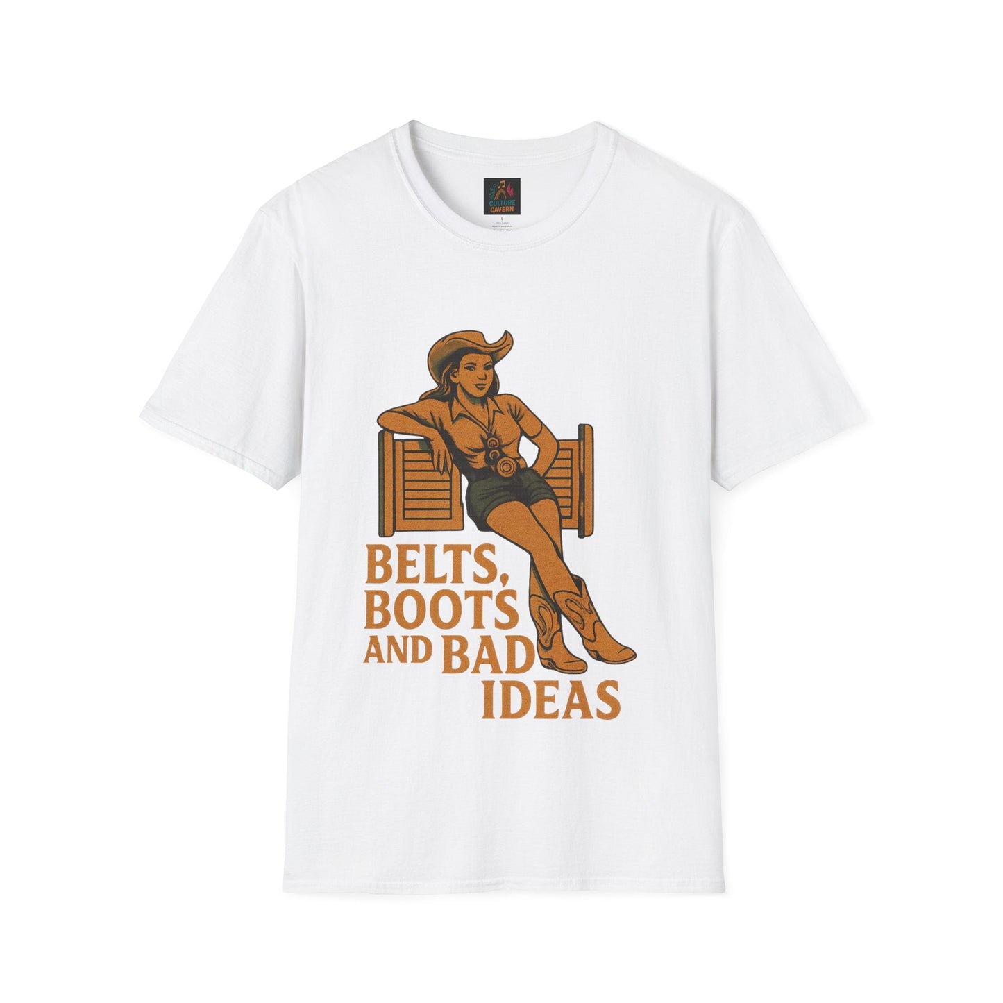 Belts, Boots, and Bad Ideas Unisex Softstyle T-Shirt | Fun Graphic Tee for Western Lovers, Casual Wear, Gifts, Party Outfit, Retro Style - Cowgirltops.com