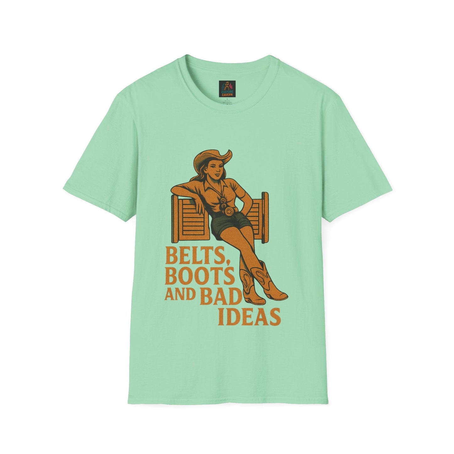 Belts, Boots, and Bad Ideas Unisex Softstyle T-Shirt | Fun Graphic Tee for Western Lovers, Casual Wear, Gifts, Party Outfit, Retro Style - Cowgirltops.com