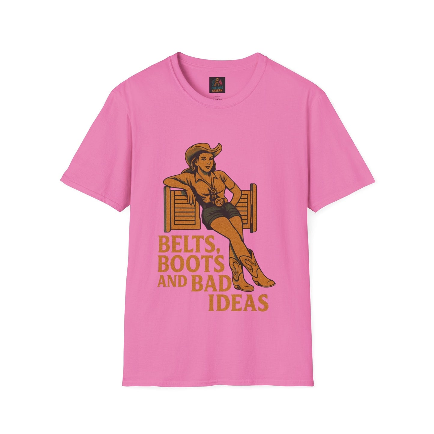 Belts, Boots, and Bad Ideas Unisex Softstyle T-Shirt | Fun Graphic Tee for Western Lovers, Casual Wear, Gifts, Party Outfit, Retro Style - Cowgirltops.com