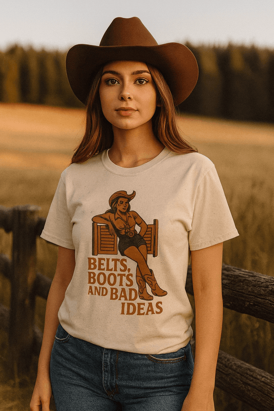Belts, Boots, and Bad Ideas Unisex Softstyle T-Shirt | Fun Graphic Tee for Western Lovers, Casual Wear, Gifts, Party Outfit, Retro Style - Cowgirltops.com