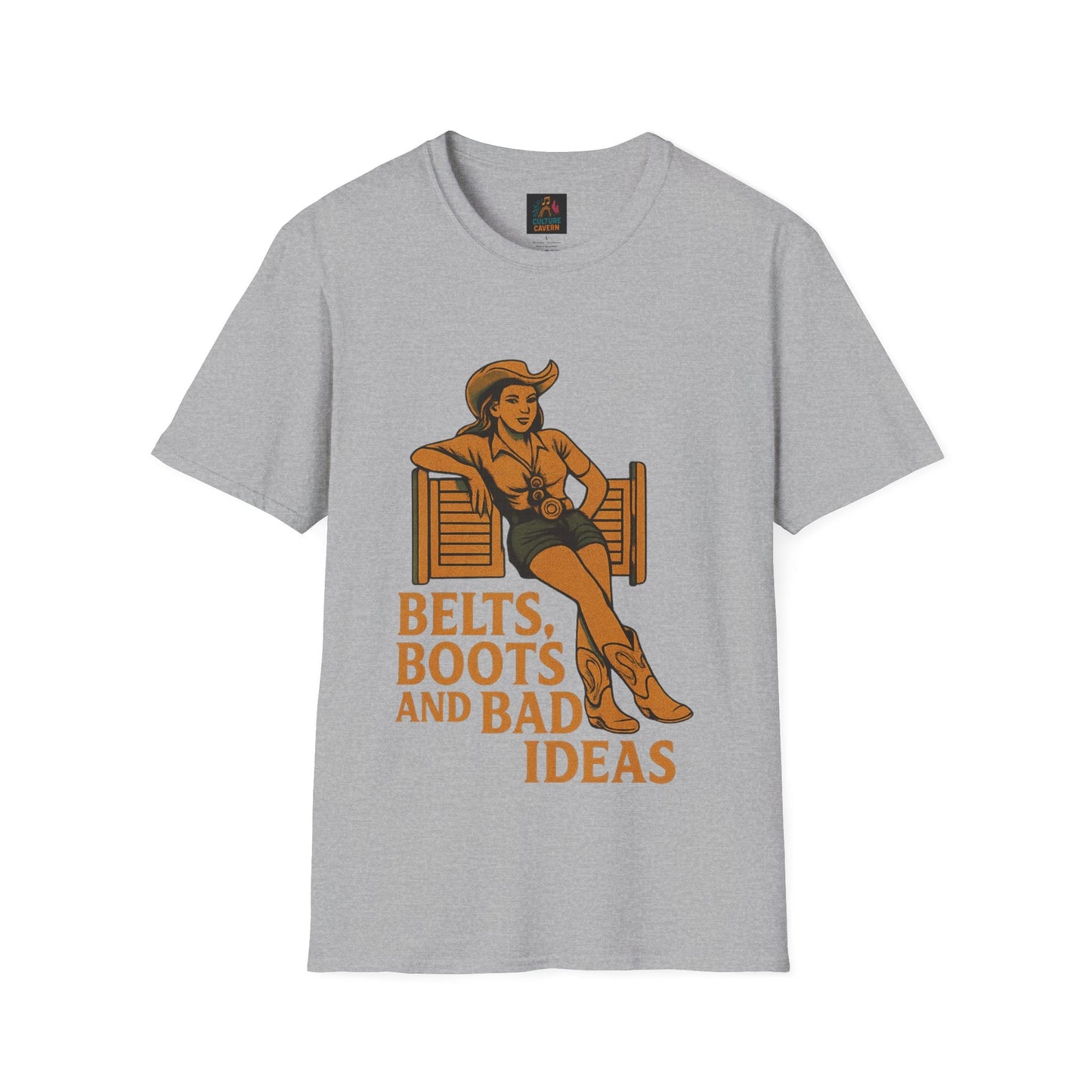 Belts, Boots, and Bad Ideas Unisex Softstyle T-Shirt | Fun Graphic Tee for Western Lovers, Casual Wear, Gifts, Party Outfit, Retro Style - Cowgirltops.com