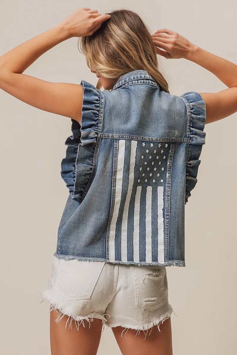 BiBi American Flag Washed Denim Jacket - Cowgirltops.com