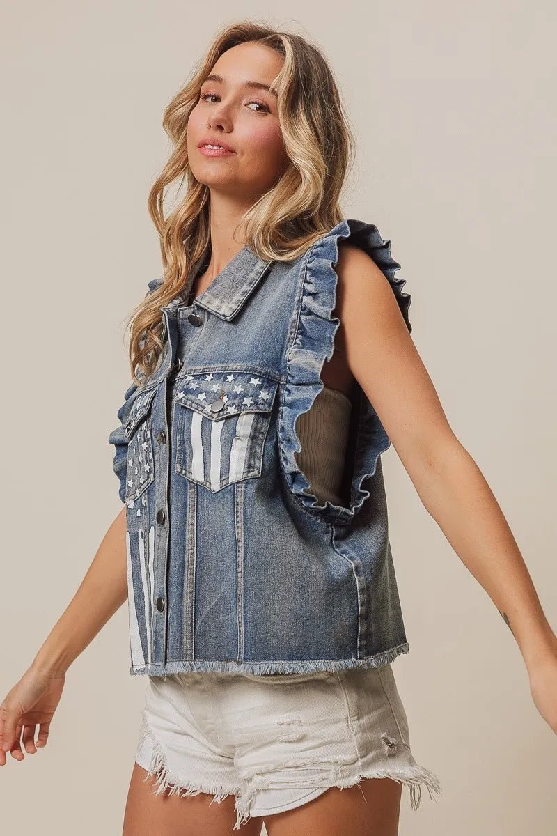BiBi American Flag Washed Denim Jacket - Cowgirltops.com