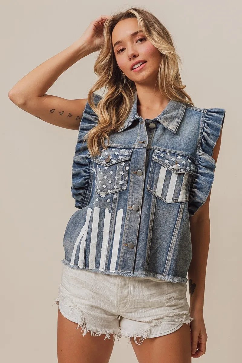 BiBi American Flag Washed Denim Jacket - Cowgirltops.com