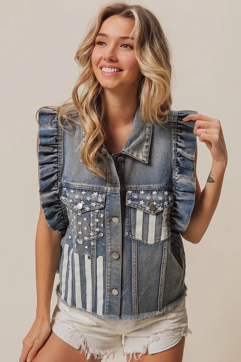 BiBi American Flag Washed Denim Jacket - Cowgirltops.com