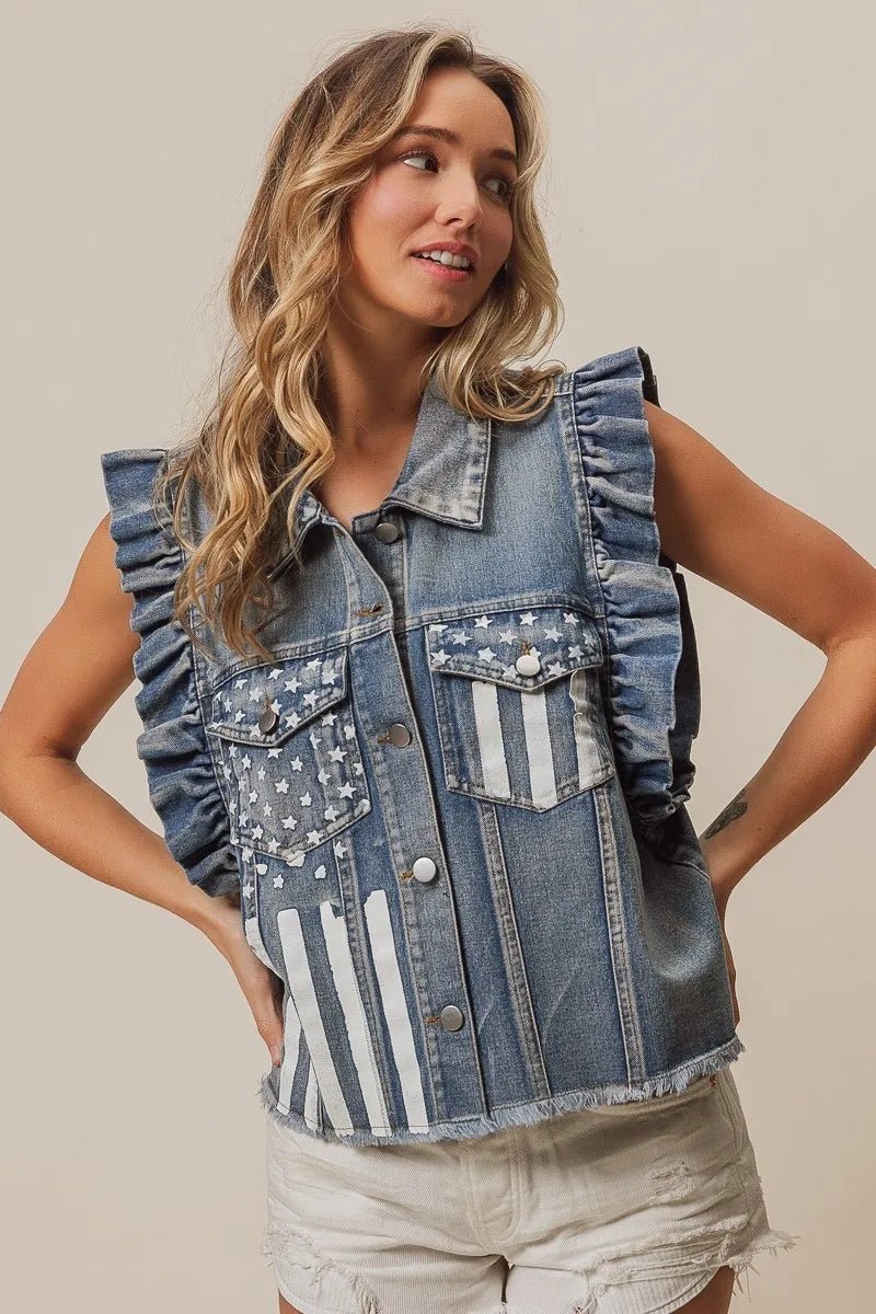 BiBi American Flag Washed Denim Jacket - Cowgirltops.com
