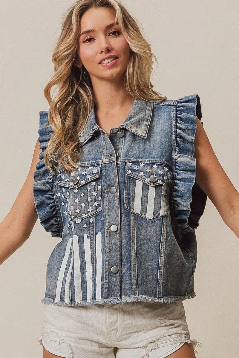 BiBi American Flag Washed Denim Jacket - Cowgirltops.com