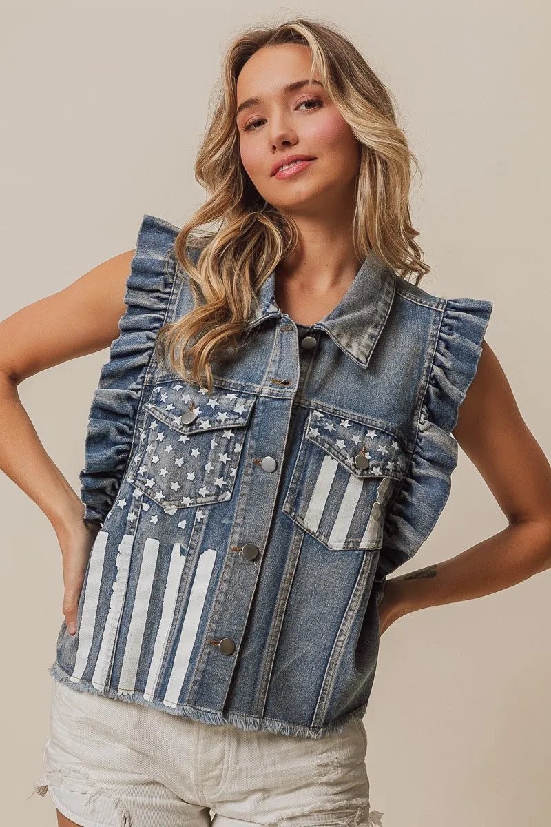 BiBi American Flag Washed Denim Jacket - Cowgirltops.com